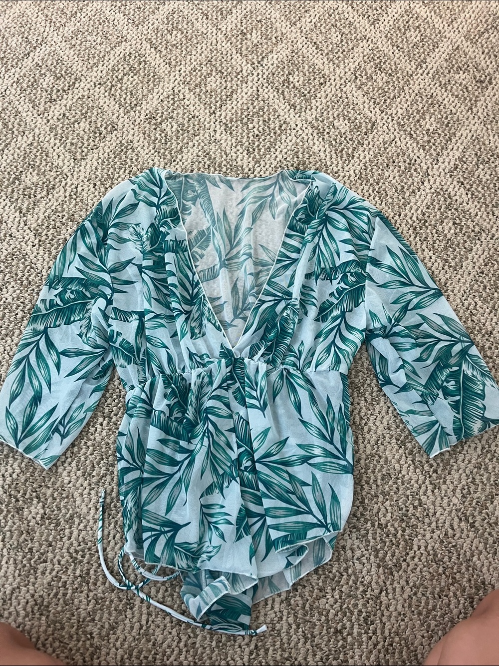Tropical Leaf Print Wrap Romper in Teal and Light Blue